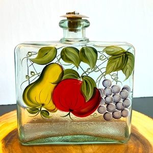 CASAFINA PORTUGAL Glass Bottle w Cork Stopper Hand Painted Pear , Apple, Grapes